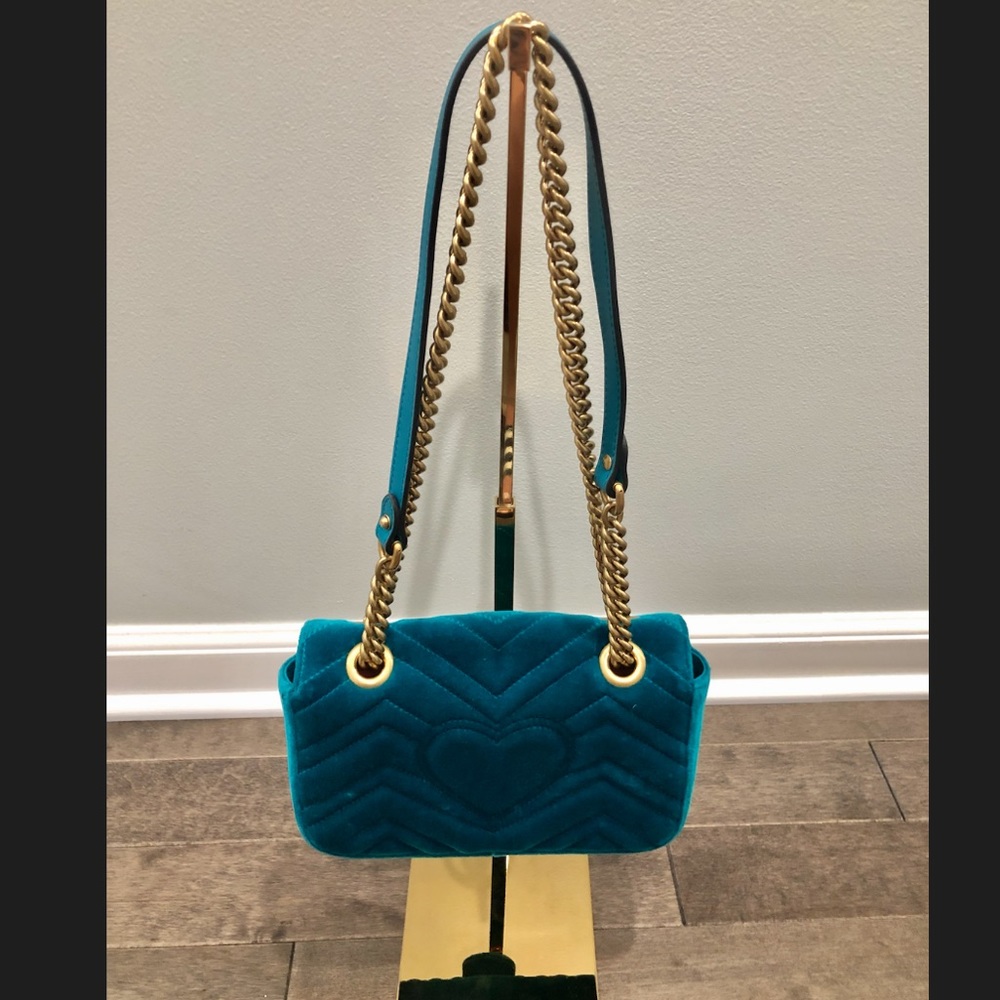 Gucci Teal Velvet Marmont Small Shoulder Bag with Gold Hardware - Picture 11 of 13